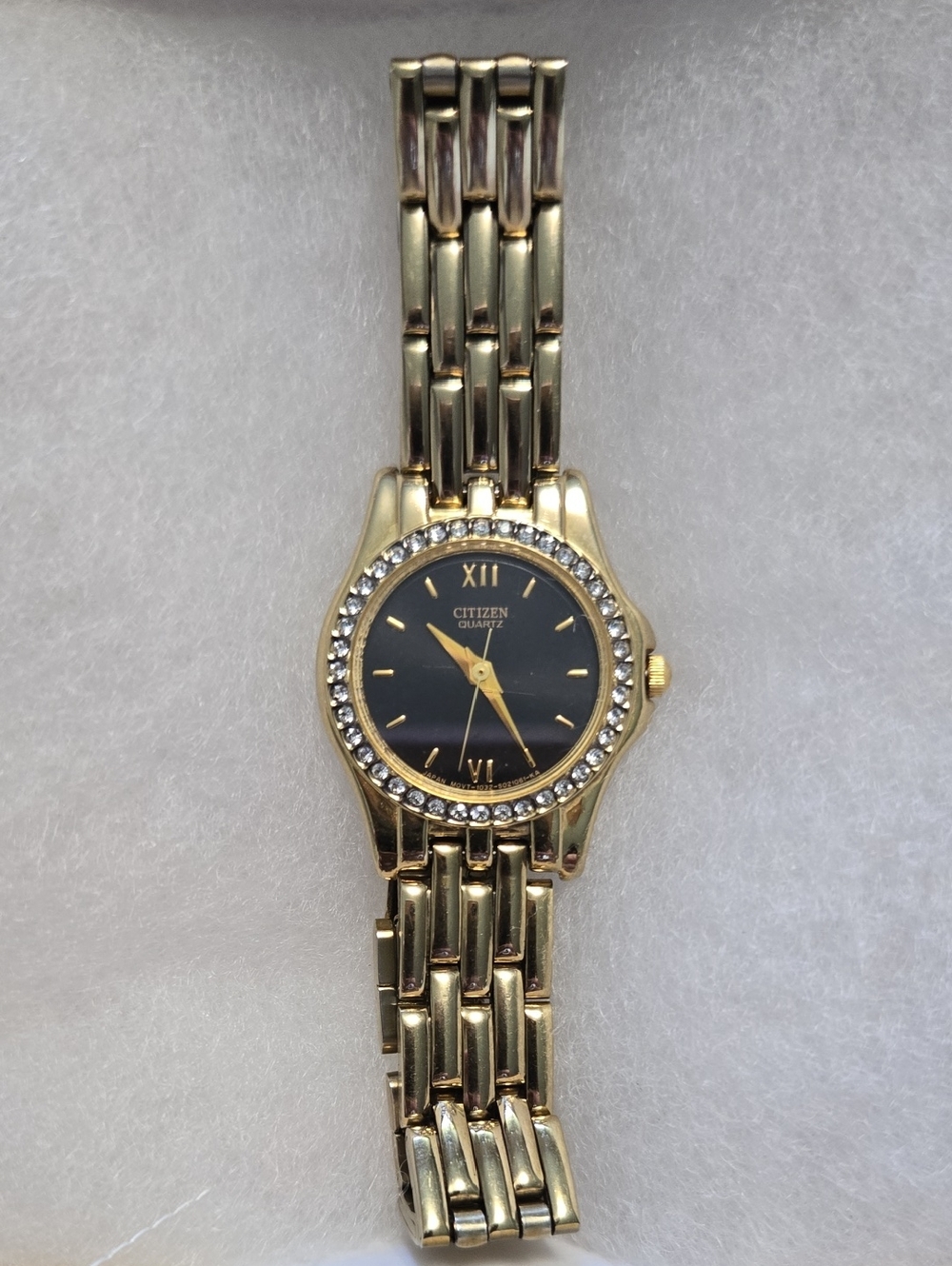 Citizen Gold-Tone Bracelet Watch with Black Dial and Crystal Bezel